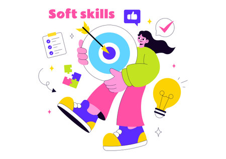 Office Workers Demonstrating Soft Skills Vector Illustration Such as Empathy, Communication, Idea Development, Teamwork, and Professional Growthのイラスト素材