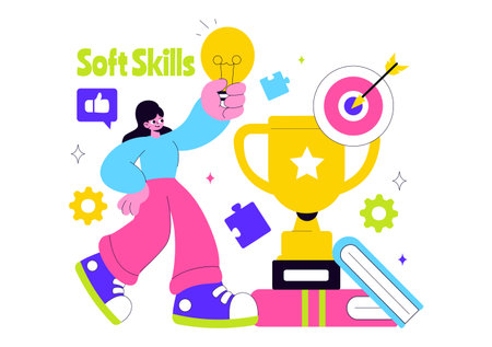 Office Workers Demonstrating Soft Skills Vector Illustration Such as Empathy, Communication, Idea Development, Teamwork, and Professional Growthのイラスト素材