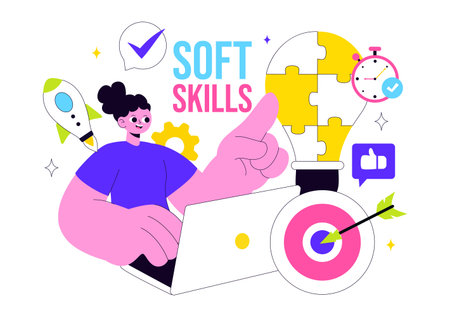 Office Workers Demonstrating Soft Skills Vector Illustration Such as Empathy, Communication, Idea Development, Teamwork, and Professional Growthのイラスト素材