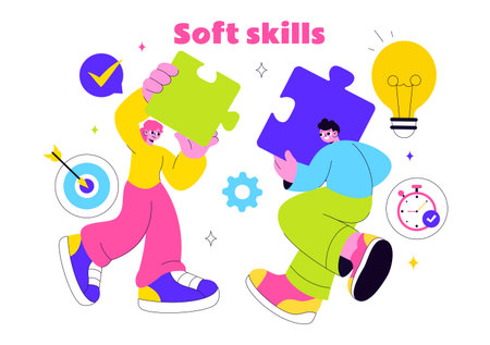Office Workers Demonstrating Soft Skills Vector Illustration Such as Empathy, Communication, Idea Development, Teamwork, and Professional Growthのイラスト素材