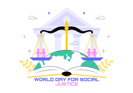 World Day of Social Justice Illustration Featuring Scales and a Gavel Symbolizing Fairness, Equality, and Protection Against Injustice Backgroundのイラスト素材