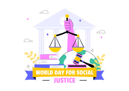 World Day of Social Justice Illustration Featuring Scales and a Gavel Symbolizing Fairness, Equality, and Protection Against Injustice Backgroundのイラスト素材