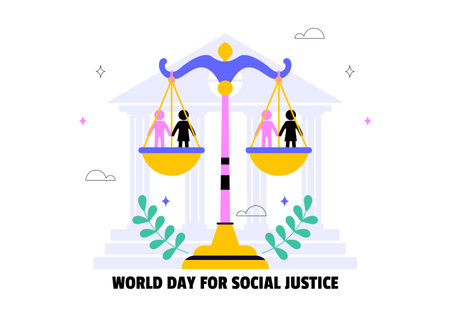 World Day of Social Justice Illustration Featuring Scales and a Gavel Symbolizing Fairness, Equality, and Protection Against Injustice Backgroundのイラスト素材