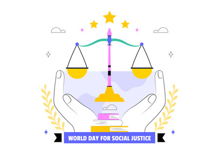 World Day of Social Justice Illustration Featuring Scales and a Gavel Symbolizing Fairness, Equality, and Protection Against Injustice Backgroundのイラスト素材