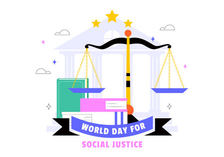 World Day of Social Justice Illustration Featuring Scales and a Gavel Symbolizing Fairness, Equality, and Protection Against Injustice Backgroundのイラスト素材
