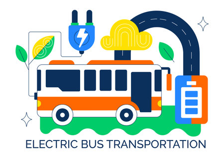 Electric Bus Transportation Illustration Featuring an Electric City Bus Charging at a Power Station with an Environmentally Friendly Public Vehicleのイラスト素材