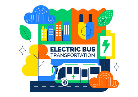 Electric Bus Transportation Illustration Featuring an Electric City Bus Charging at a Power Station with an Environmentally Friendly Public Vehicleのイラスト素材