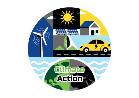 Climate Action Vector Illustration Featuring Global Earth Environment With Sustainable Implementation Pollution Affecting Ecosystems in a Backgroundのイラスト素材