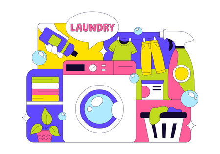 Laundry Room Vector Illustration Featuring Washing And Drying Machines, Basket Filled Dirty Clothes in a Flat Style Cartoon Backgroundのイラスト素材