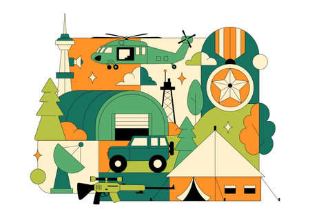Military Army Forces Vector Illustration Featuring Soldiers, Weapons, Tanks, Heavy Protective Equipment In Flat Style Cartoon Backgroundのイラスト素材