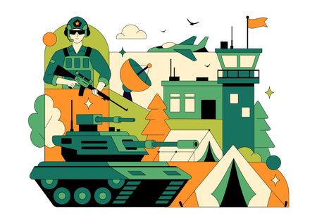 Military Army Forces Vector Illustration Featuring Soldiers, Weapons, Tanks, Heavy Protective Equipment In Flat Style Cartoon Backgroundのイラスト素材