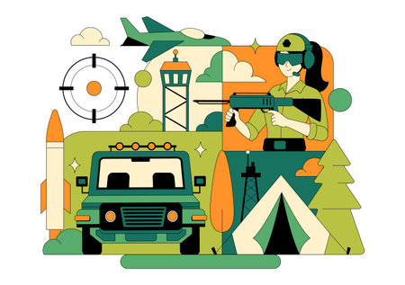 Military Army Forces Vector Illustration Featuring Soldiers, Weapons, Tanks, Heavy Protective Equipment In Flat Style Cartoon Backgroundのイラスト素材