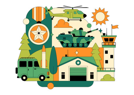 Military Army Forces Vector Illustration Featuring Soldiers, Weapons, Tanks, Heavy Protective Equipment In Flat Style Cartoon Backgroundのイラスト素材