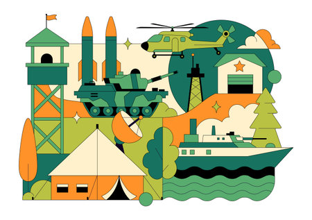 Military Army Forces Vector Illustration Featuring Soldiers, Weapons, Tanks, Heavy Protective Equipment In Flat Style Cartoon Backgroundのイラスト素材