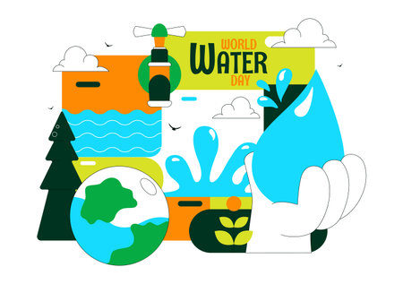World Water Day Vector Illustration Featuring Waterdrops, Taps, Plus Messages Encouraging Earth Protection And Freshwater Management Backgroundのイラスト素材