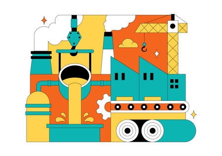 Steelworks Vector Illustration Featuring Resource Mining, Metal Smelting Process Inside Large Foundry, And Molten Steel Pouring In Flat Backgroundのイラスト素材