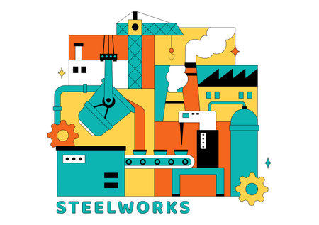Steelworks Vector Illustration Featuring Resource Mining, Metal Smelting Process Inside Large Foundry, And Molten Steel Pouring In Flat Backgroundのイラスト素材