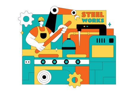 Steelworks Vector Illustration Featuring Resource Mining, Metal Smelting Process Inside Large Foundry, And Molten Steel Pouring In Flat Backgroundのイラスト素材