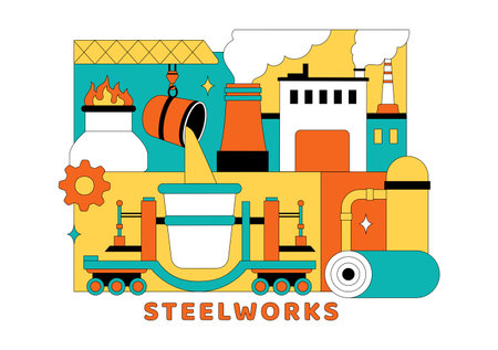 Steelworks Vector Illustration Featuring Resource Mining, Metal Smelting Process Inside Large Foundry, And Molten Steel Pouring In Flat Backgroundのイラスト素材
