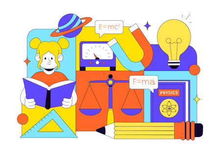 Physics Education Vector Illustration Showing Students Investigating Electricity, Magnetism, Light Waves, Forces, Scientific Technology Explorationのイラスト素材