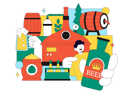 Brewery Production Process Vector Illustration Featuring Beer Tanks And Bottles Filled With Alcoholic Beverages for Fermentation on a Flat Backgroundのイラスト素材