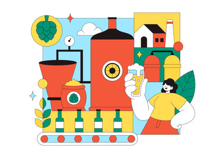 Brewery Production Process Vector Illustration Featuring Beer Tanks And Bottles Filled With Alcoholic Beverages for Fermentation on a Flat Backgroundのイラスト素材