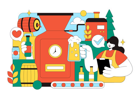 Brewery Production Process Vector Illustration Featuring Beer Tanks And Bottles Filled With Alcoholic Beverages for Fermentation on a Flat Backgroundのイラスト素材