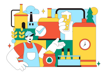 Brewery Production Process Vector Illustration Featuring Beer Tanks And Bottles Filled With Alcoholic Beverages for Fermentation on a Flat Backgroundのイラスト素材