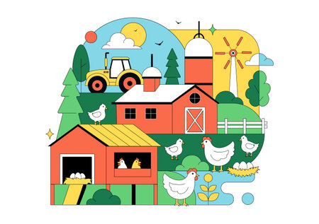 Poultry Farm Vector Illustration Featuring Chickens, Roosters, Straw, Cage, And Eggs On Green Field Scenery In Flat Cartoon Background Design
