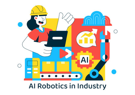 AI Robotics In Industry Vector Illustration Featuring Smart Automation, Industrial Robots, Advanced Manufacturing Technology Backgroundのイラスト素材