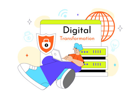 Global Digital Transformation Vector Illustration Featuring Modern Technology Innovation, Business Growth, And Future Connectivity In Flat Backgroundのイラスト素材