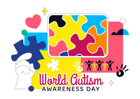 World Autism Awareness Day Vector Illustration Featuring Puzzle Ribbon on Healthcare Flat Background Designのイラスト素材