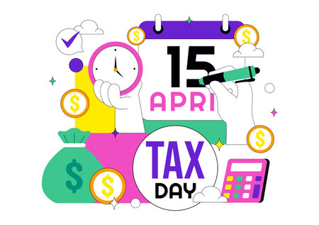 Happy Tax Day Vector Illustration On 15 April With Clipboard Tax Form, Clock, Pen, Coin Money, Paper Document For Bill Payment Flat Backgroundのイラスト素材