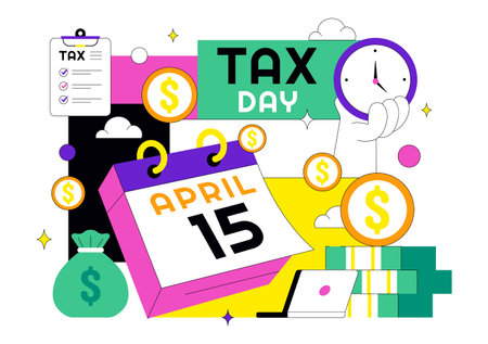 Happy Tax Day Vector Illustration On 15 April With Clipboard Tax Form, Clock, Pen, Coin Money, Paper Document For Bill Payment Flat Backgroundのイラスト素材