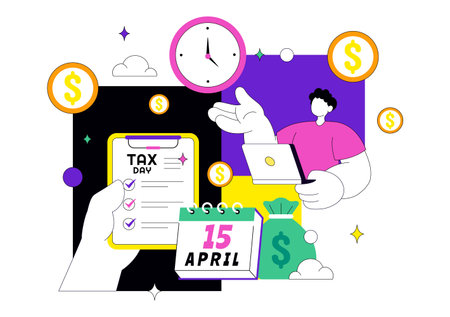 Happy Tax Day Vector Illustration On 15 April With Clipboard Tax Form, Clock, Pen, Coin Money, Paper Document For Bill Payment Flat Backgroundのイラスト素材