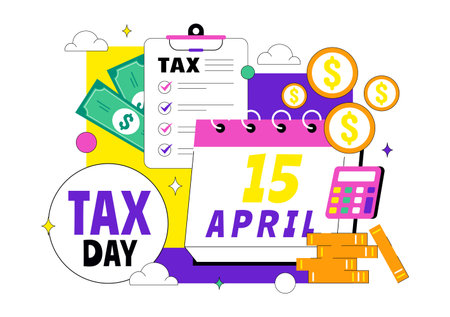 Happy Tax Day Vector Illustration On 15 April With Clipboard Tax Form, Clock, Pen, Coin Money, Paper Document For Bill Payment Flat Backgroundのイラスト素材