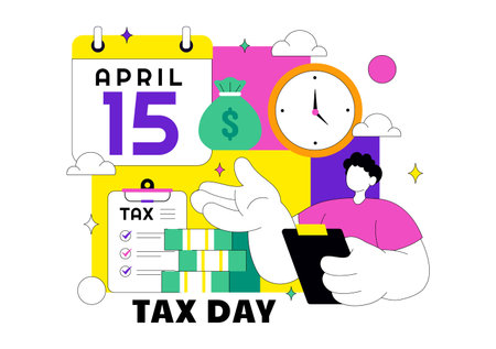 Happy Tax Day Vector Illustration On 15 April With Clipboard Tax Form, Clock, Pen, Coin Money, Paper Document For Bill Payment Flat Backgroundのイラスト素材