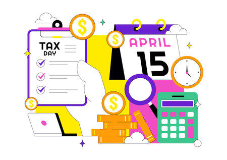 Happy Tax Day Vector Illustration On 15 April With Clipboard Tax Form, Clock, Pen, Coin Money, Paper Document For Bill Payment Flat Backgroundのイラスト素材