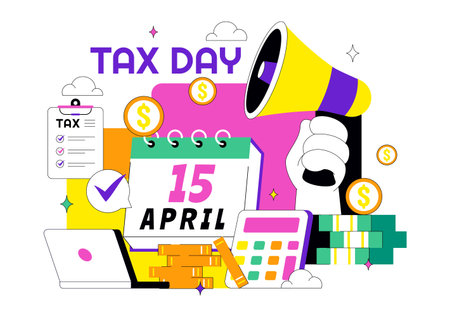 Happy Tax Day Vector Illustration On 15 April With Clipboard Tax Form, Clock, Pen, Coin Money, Paper Document For Bill Payment Flat Backgroundのイラスト素材