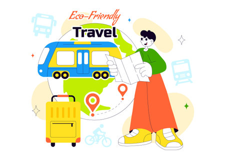Eco Friendly Travel Lifestyle Vector Illustration Featuring Sustainable Tourism Elements With Green Transportation Flat Cartoon Backgroundのイラスト素材