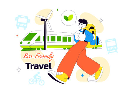 Eco Friendly Travel Lifestyle Vector Illustration Featuring Sustainable Tourism Elements With Green Transportation Flat Cartoon Backgroundのイラスト素材