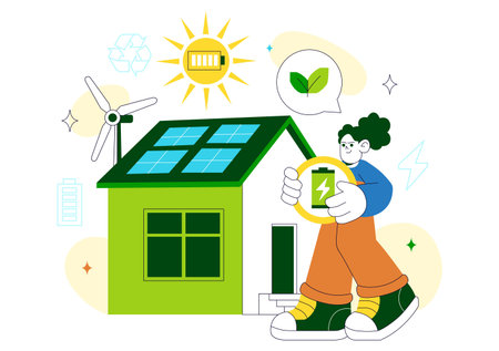 Self Sustainable Homes Vector Illustration Featuring Eco Friendly Design, Renewable Energy, Green Living, And Modern Architecture in a Flat Backgroundのイラスト素材