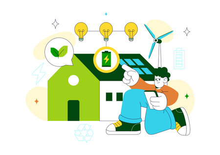 Self Sustainable Homes Vector Illustration Featuring Eco Friendly Design, Renewable Energy, Green Living, And Modern Architecture in a Flat Backgroundのイラスト素材