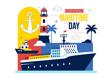 World Maritime Day Vector Illustration Featuring Sea And Ship For Shipping Safety, Security, And Marine Environment With Nautical Flat Backgroundのイラスト素材