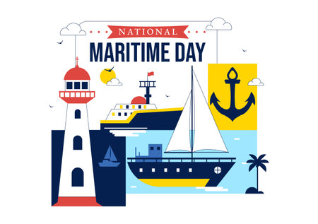 World Maritime Day Vector Illustration Featuring Sea And Ship For Shipping Safety, Security, And Marine Environment With Nautical Flat Backgroundのイラスト素材
