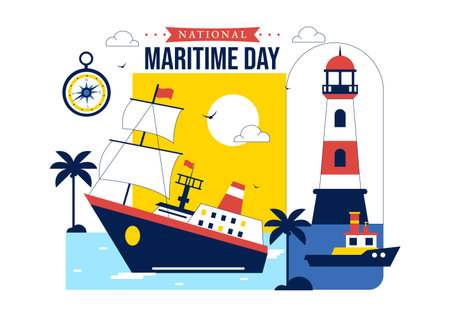World Maritime Day Vector Illustration Featuring Sea And Ship For Shipping Safety, Security, And Marine Environment With Nautical Flat Backgroundのイラスト素材