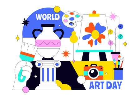 World Art Day Creative Celebration Vector Illustration Featuring Artistic Elements With Modern Flat Cartoon Design Backgroundのイラスト素材