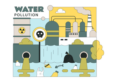 Water Pollution Vector Illustration an Environmental Disaster Caused by Industrial Activity Featuring a Factory Releasing Smoke From Tall Chimneysのイラスト素材