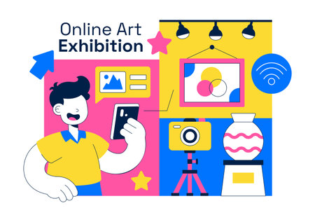 Online Art Exhibition Virtual Gallery Digital Artwork Showcase Illustration Featuring People Viewing Creative Paintings Through Laptop Screenのイラスト素材