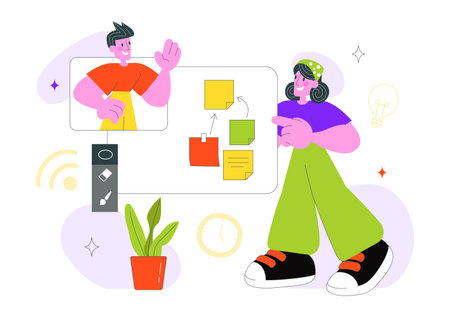 Online Collaboration Whiteboard Tools Vector Illustration With Team Brainstorming, Remote Work...